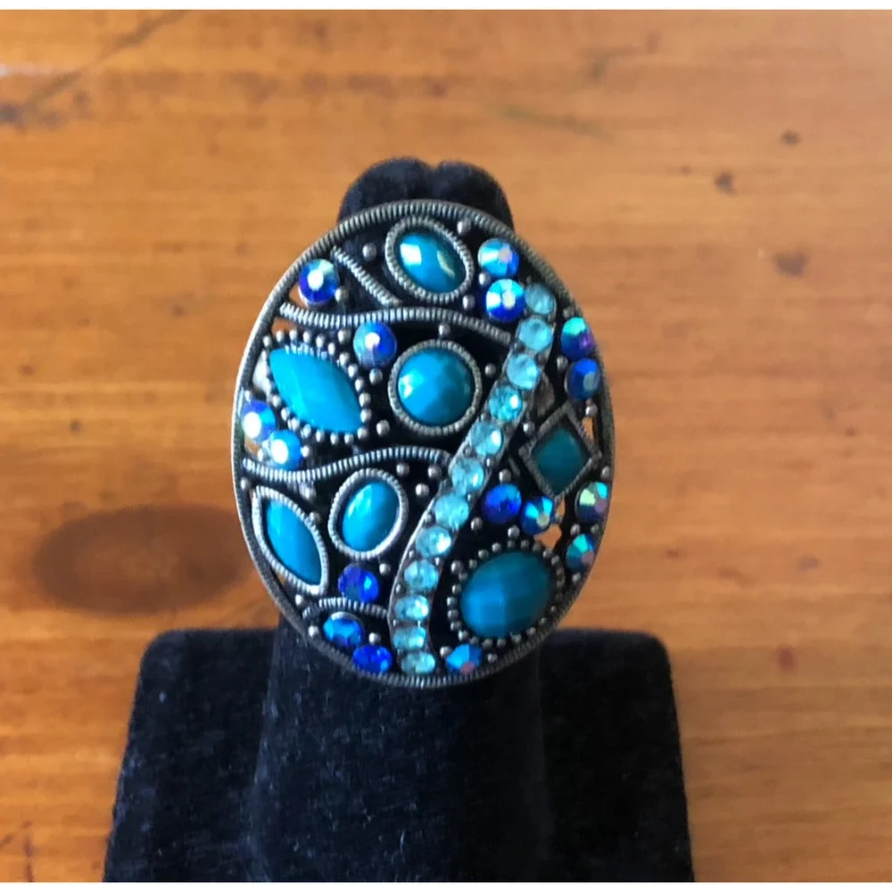 Vintage Boho Oval Statement Ring Turquoise And Blue Rhinestones Stretch Ring